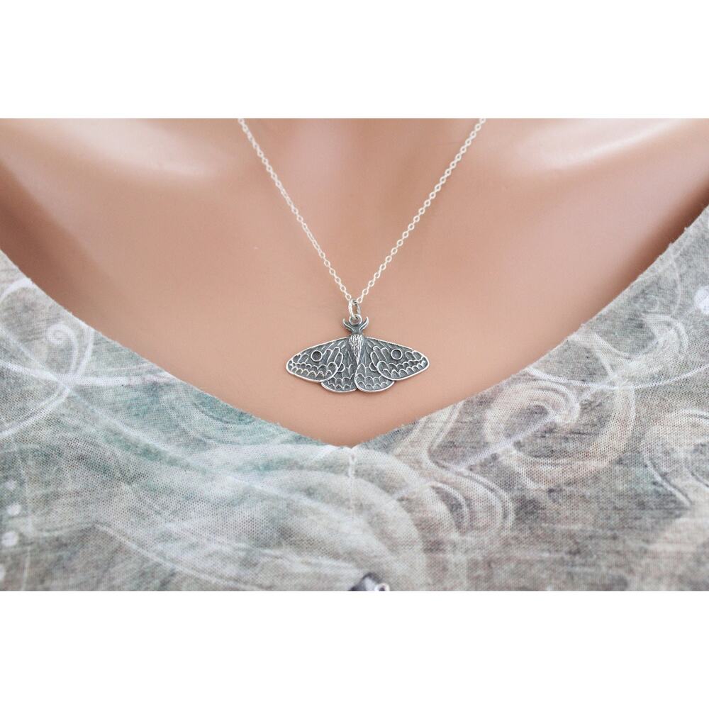 Sterling Silver Dimensional Moth Charm Necklace - image 1